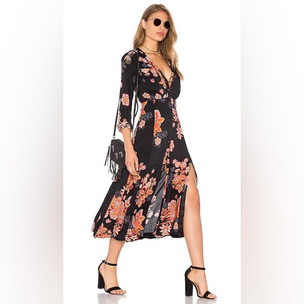Free People Black Floral Long Sleeve Midi Dress